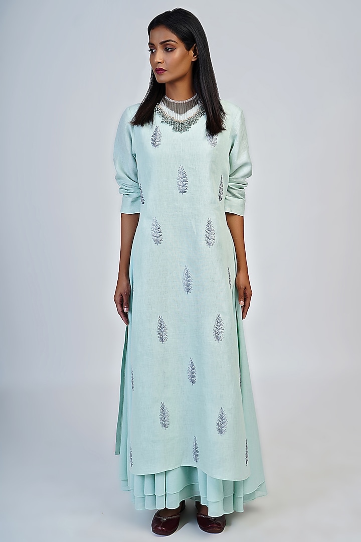 Pale Aqua Embroidered Tunic by Taika By Poonam Bhagat