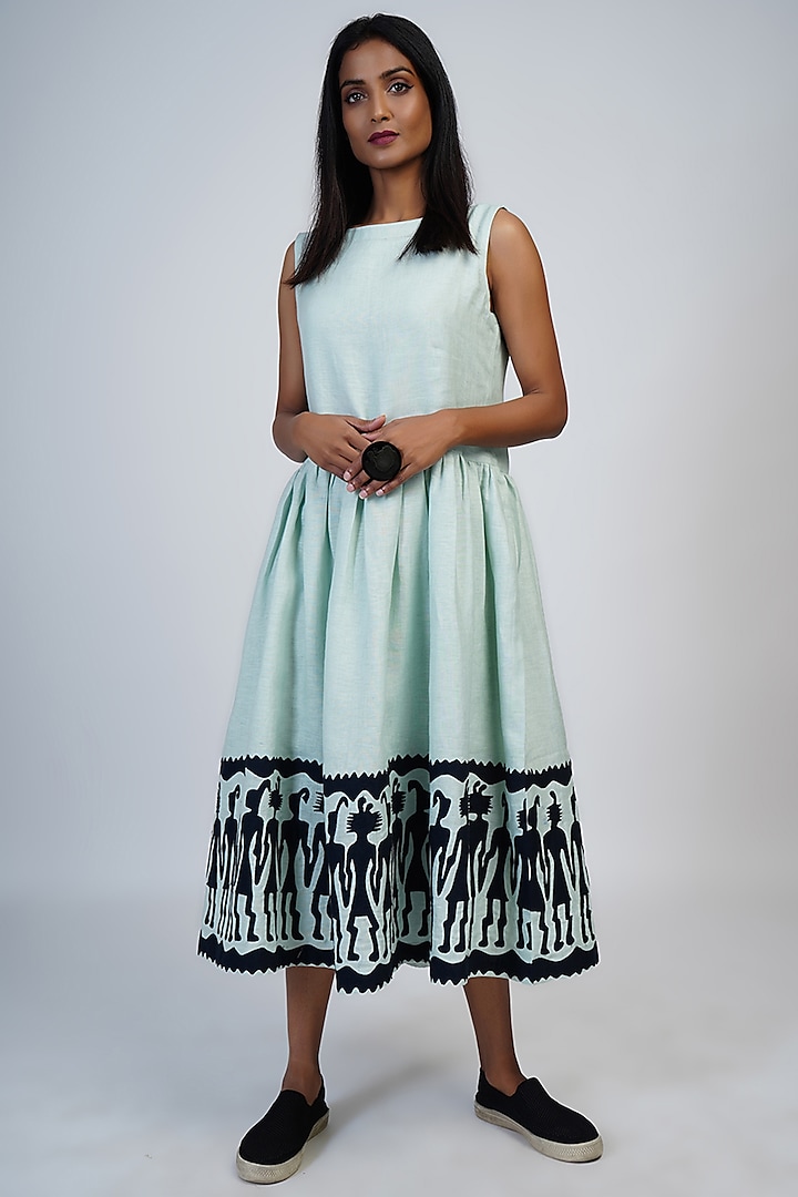 Pale Aqua Gathered Dress With Applique Work by Taika By Poonam Bhagat