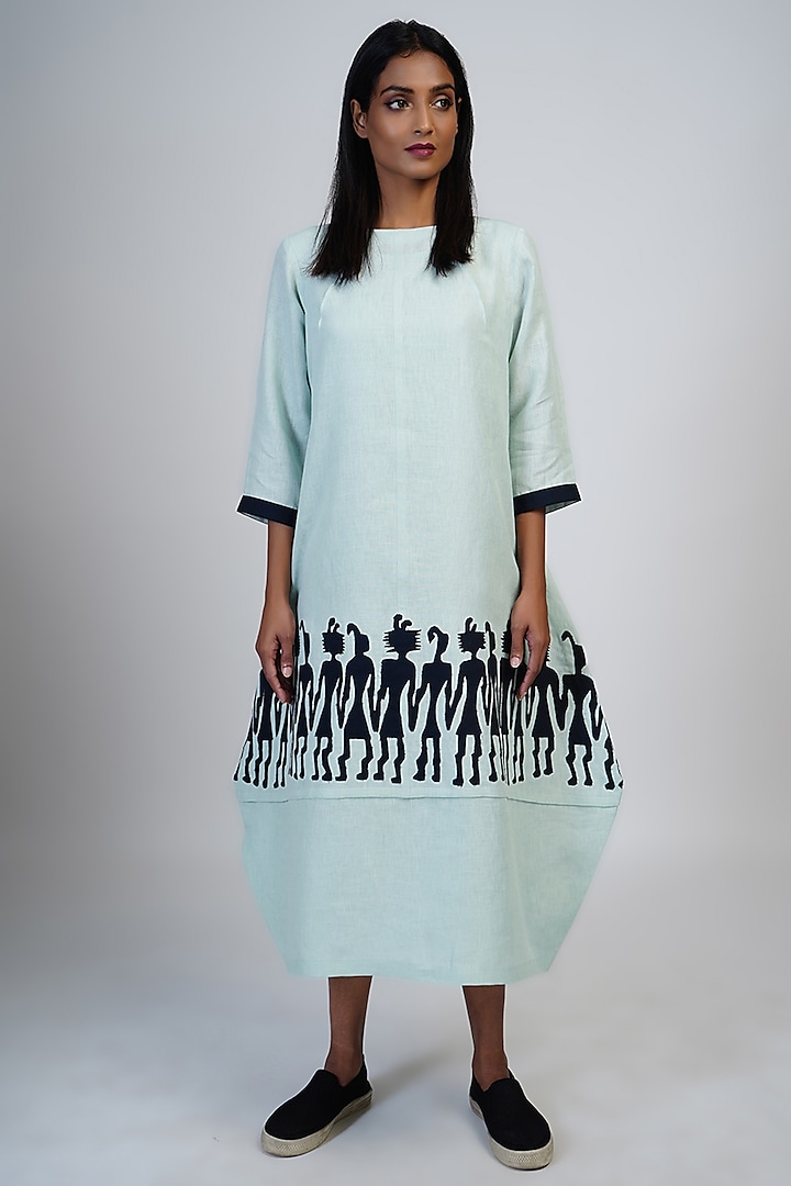 Pale Aqua Cocoon Dress With Applique Work by Taika By Poonam Bhagat