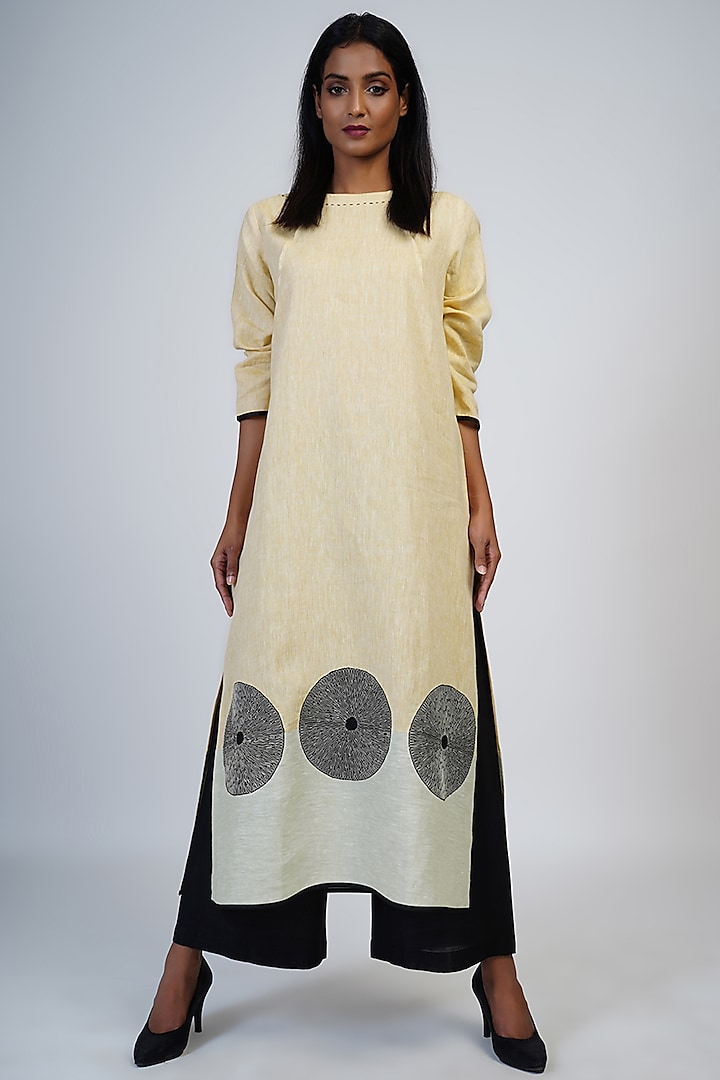 Lemon Yellow & Pale Lime Embroidered Tunic Set by Taika By Poonam Bhagat