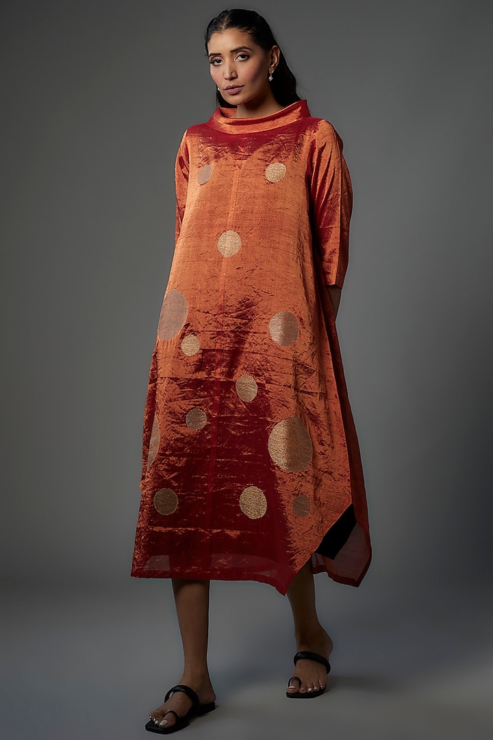 Copper Handwoven Chanderi Tissue Asymmetric Dress by Taika By Poonam Bhagat