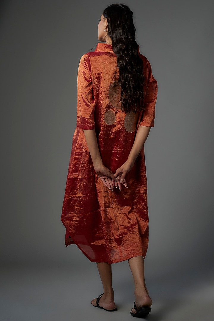 Copper Handwoven Chanderi Tissue Asymmetric Vacation Dress by Taika By Poonam Bhagat at Pernia's Pop Up Shop