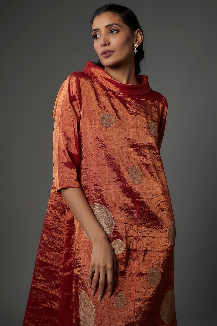 Copper Handwoven Chanderi Tissue Asymmetric Vacation Dress by Taika By Poonam Bhagat at Pernia's Pop Up Shop
