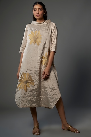 Silver Handwoven Chanderi Tissue Asymmetric Dress by Taika By Poonam Bhagat