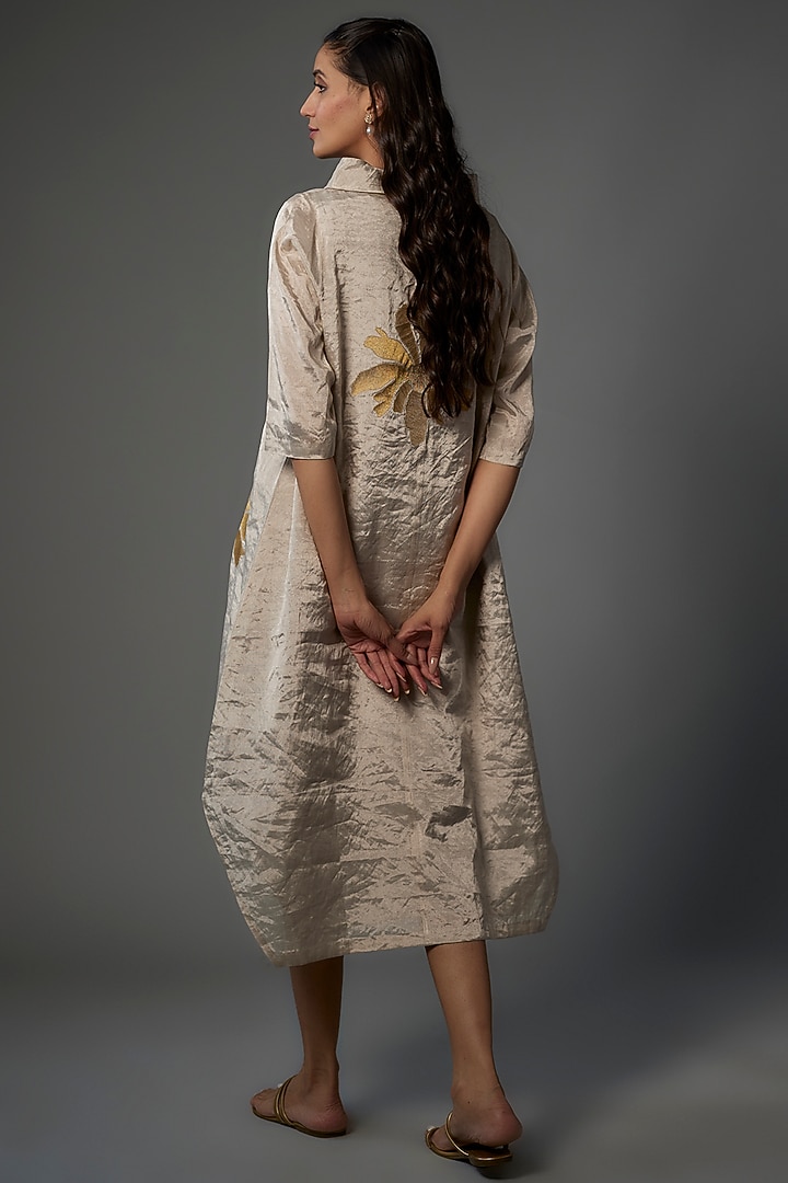 Silver Handwoven Chanderi Tissue Asymmetric Vacation Dress by Taika By Poonam Bhagat at Pernia's Pop Up Shop