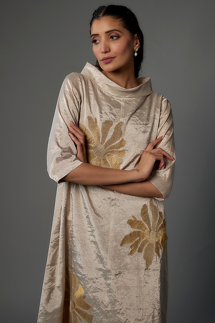Silver Handwoven Chanderi Tissue Asymmetric Vacation Dress by Taika By Poonam Bhagat at Pernia's Pop Up Shop