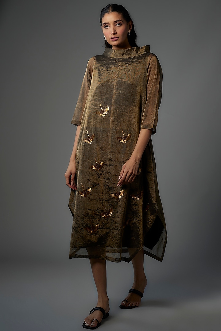 Bronze Handwoven Chanderi Tissue Embroidered Asymmetric Dress by Taika By Poonam Bhagat