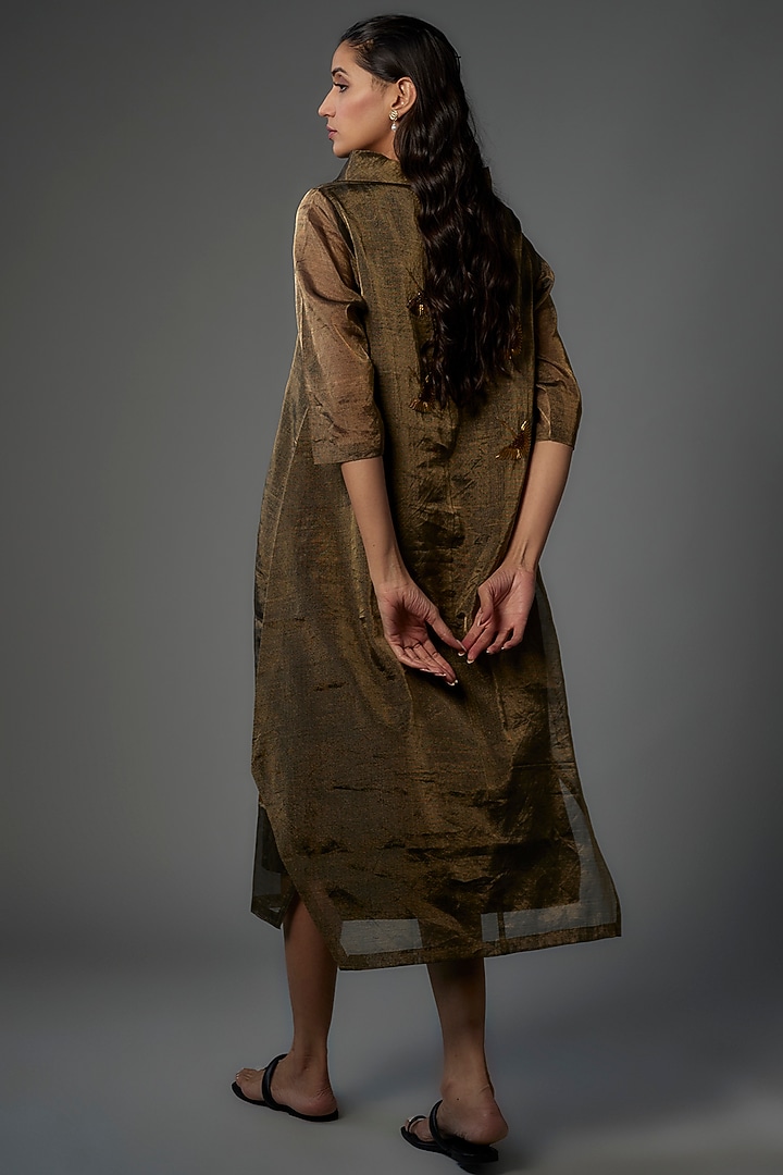 Bronze Handwoven Chanderi Tissue Embroidered Asymmetric Vacation Dress by Taika By Poonam Bhagat at Pernia's Pop Up Shop