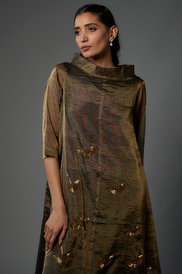 Bronze Handwoven Chanderi Tissue Embroidered Asymmetric Vacation Dress by Taika By Poonam Bhagat at Pernia's Pop Up Shop