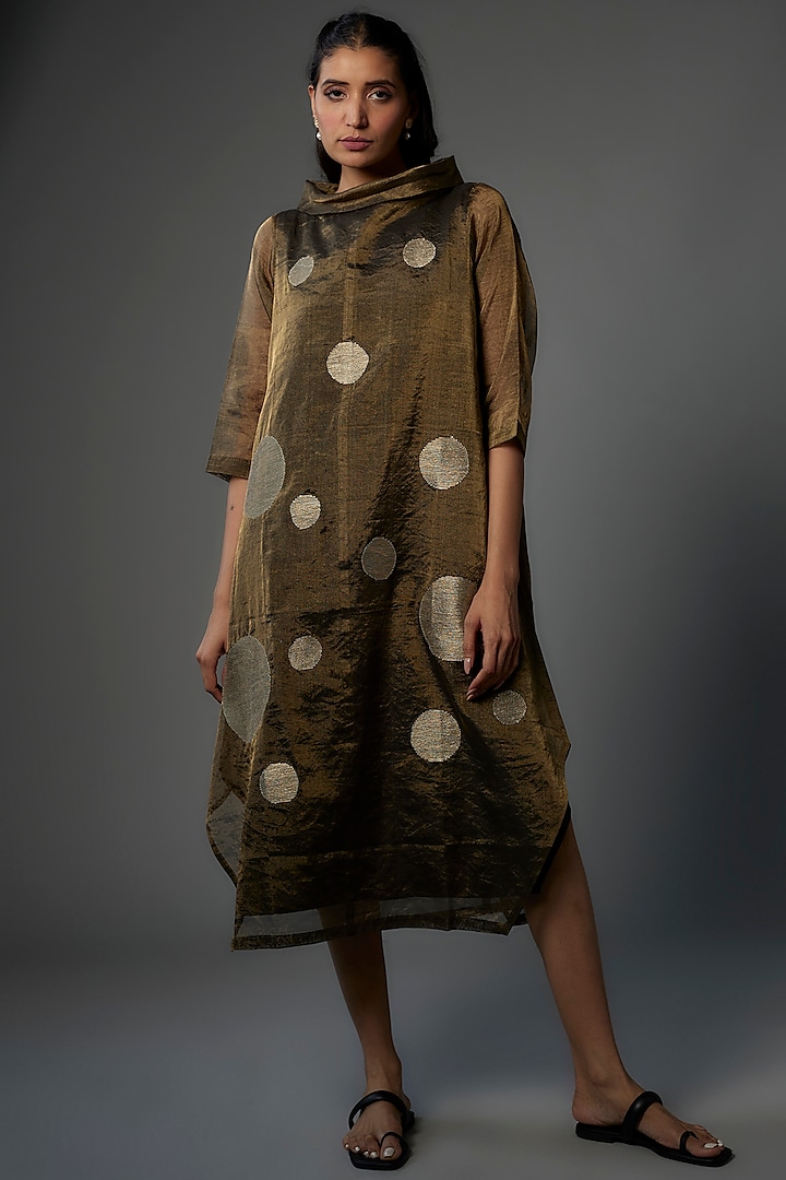 Bronze Handwoven Chanderi Tissue Embroidered Asymmetric Dress by Taika By Poonam Bhagat