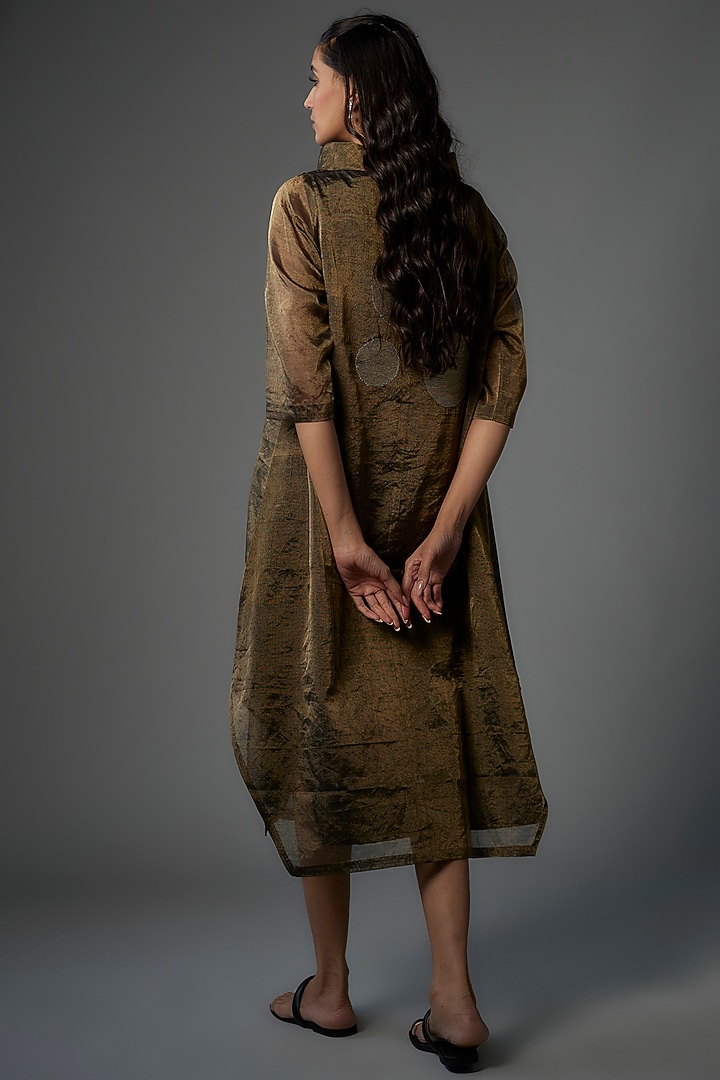 Bronze Handwoven Chanderi Tissue Embroidered Asymmetric Vacation Dress by Taika By Poonam Bhagat at Pernia's Pop Up Shop