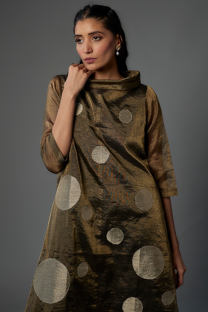 Bronze Handwoven Chanderi Tissue Embroidered Asymmetric Vacation Dress by Taika By Poonam Bhagat at Pernia's Pop Up Shop