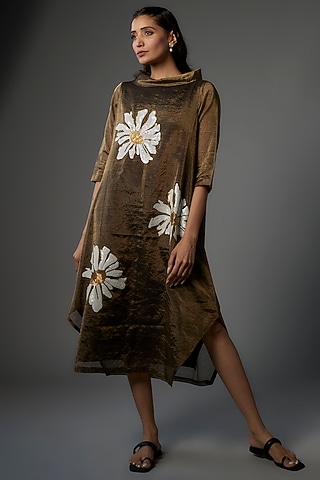 Bronze Handwoven Chanderi Tissue Embroidered Asymmetric Dress by Taika By Poonam Bhagat