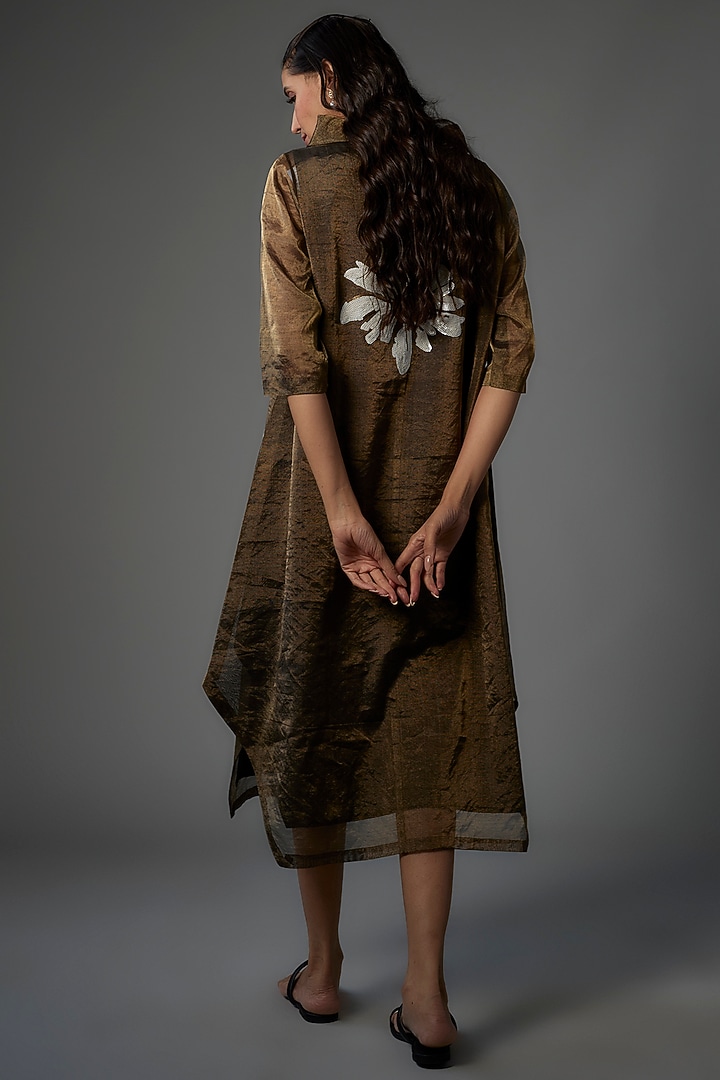 Bronze Handwoven Chanderi Tissue Embroidered Asymmetric Vacation Dress by Taika By Poonam Bhagat at Pernia's Pop Up Shop
