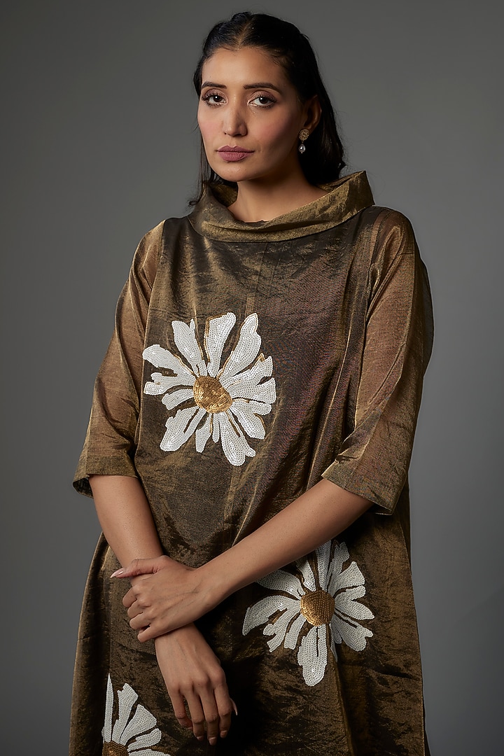Bronze Handwoven Chanderi Tissue Embroidered Asymmetric Vacation Dress by Taika By Poonam Bhagat at Pernia's Pop Up Shop