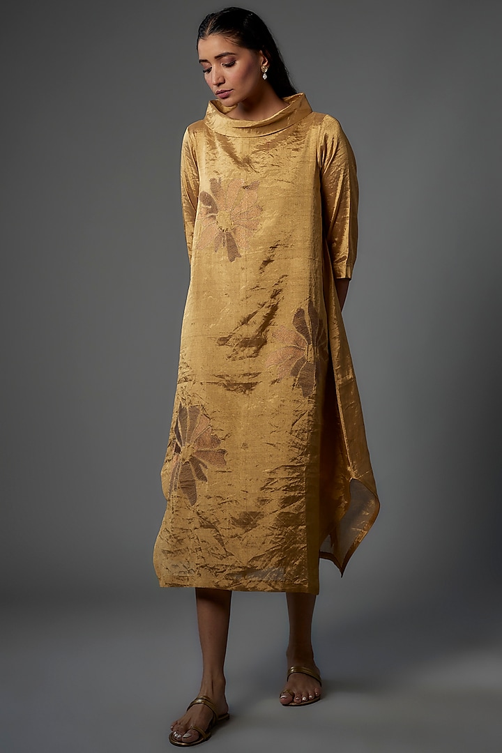 Gold Handwoven Chanderi Tissue Asymmetric Dress by Taika By Poonam Bhagat
