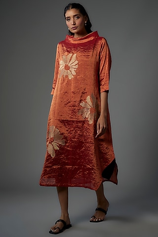 Copper Handwoven Chanderi Tissue Asymmetric Dress by Taika By Poonam Bhagat