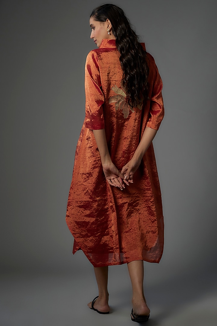 Copper Handwoven Chanderi Tissue Asymmetric Vacation Dress by Taika By Poonam Bhagat at Pernia's Pop Up Shop