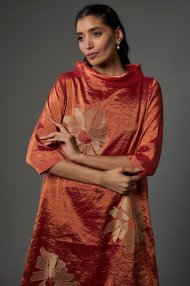 Copper Handwoven Chanderi Tissue Asymmetric Vacation Dress by Taika By Poonam Bhagat at Pernia's Pop Up Shop