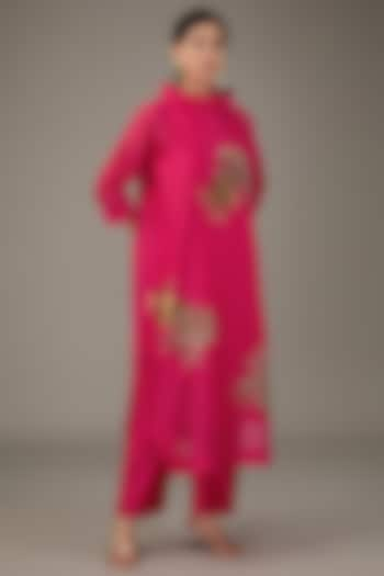 Hot Pink Chanderi Sequins Hand Embroidered & Floral Printed Tunic Set by TAIKA by Poonam Bhagat