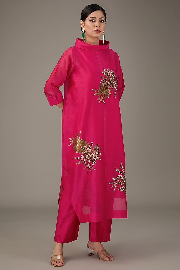 Hot Pink Chanderi Sequins Hand Embroidered & Floral Printed Tunic Set by TAIKA by Poonam Bhagat