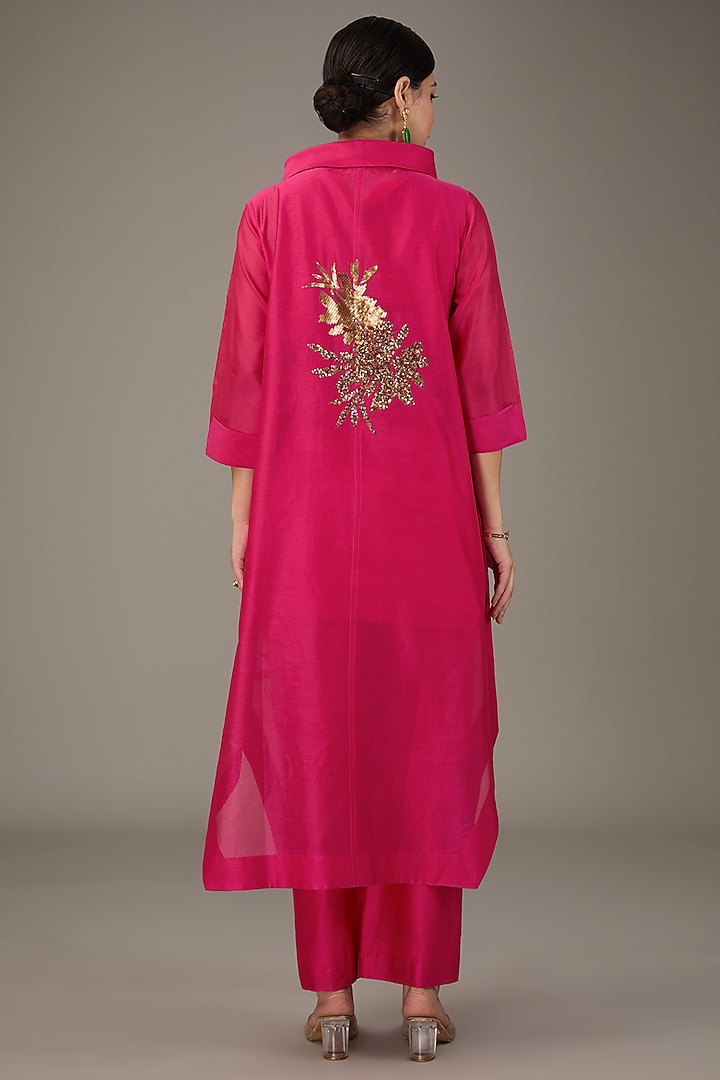 Hot Pink Chanderi Sequins Hand Embroidered & Floral Printed Tunic Set by TAIKA by Poonam Bhagat at Pernia's Pop Up Shop