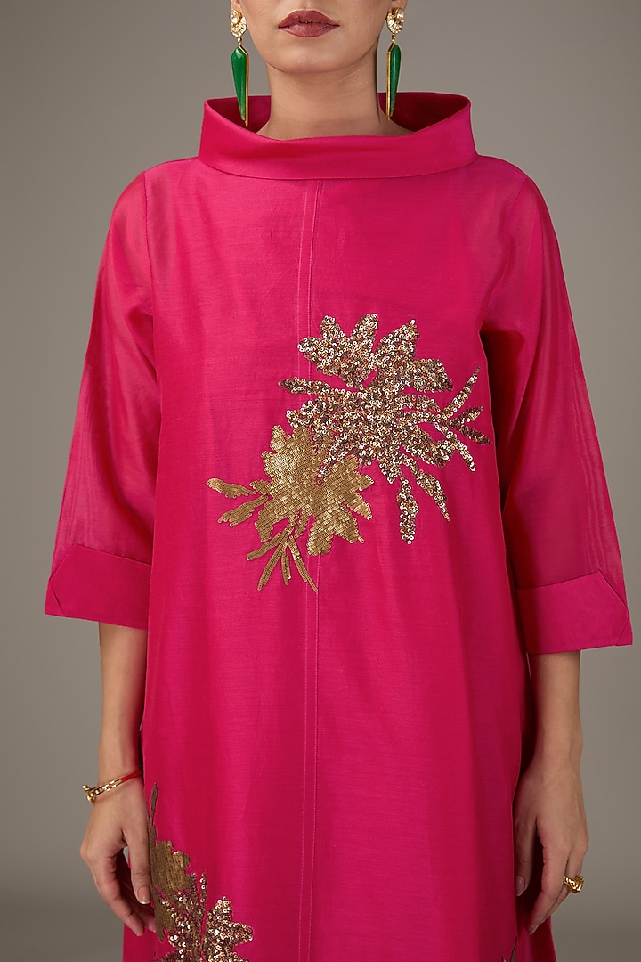 Hot Pink Chanderi Sequins Hand Embroidered & Floral Printed Tunic Set by TAIKA by Poonam Bhagat at Pernia's Pop Up Shop