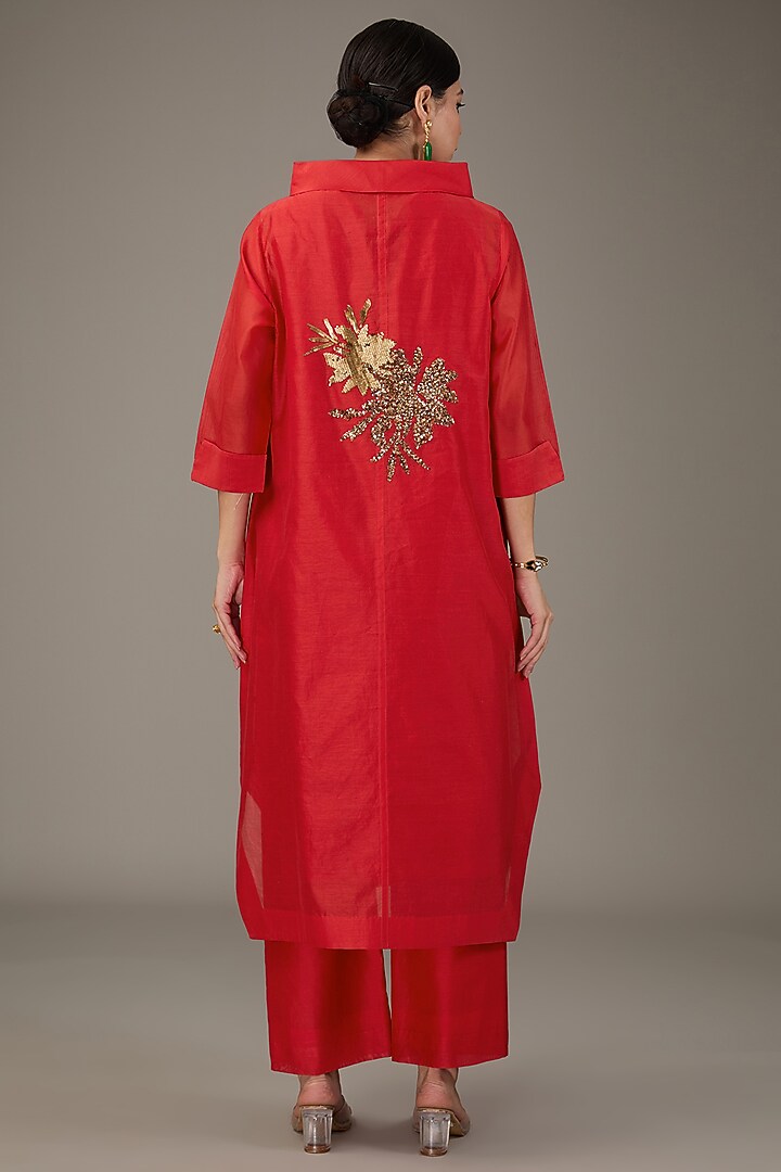 Red Chanderi Sequins Hand Embroidered & Floral Printed Tunic Set by TAIKA by Poonam Bhagat at Pernia's Pop Up Shop
