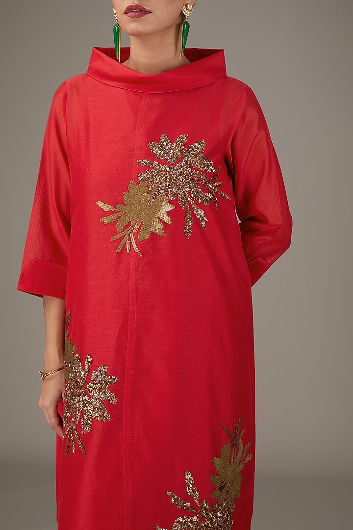 Red Chanderi Sequins Hand Embroidered & Floral Printed Tunic Set by TAIKA by Poonam Bhagat at Pernia's Pop Up Shop