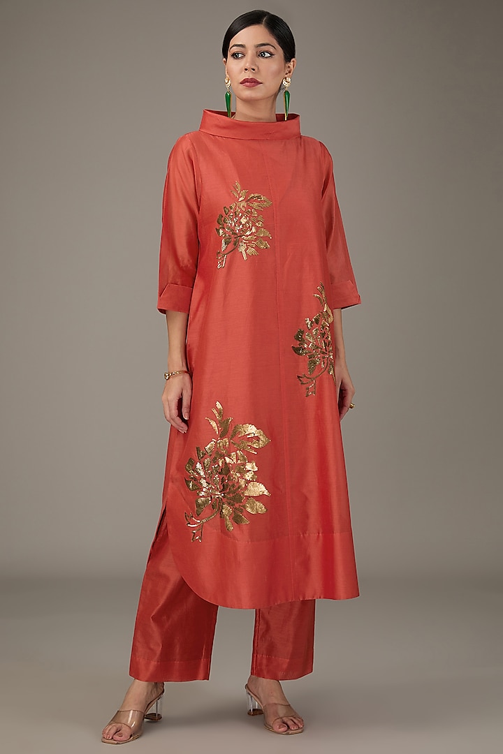 Burnt Orange Chanderi Sequins Hand Embroidered & Floral Printed Tunic Set by TAIKA by Poonam Bhagat at Pernia's Pop Up Shop