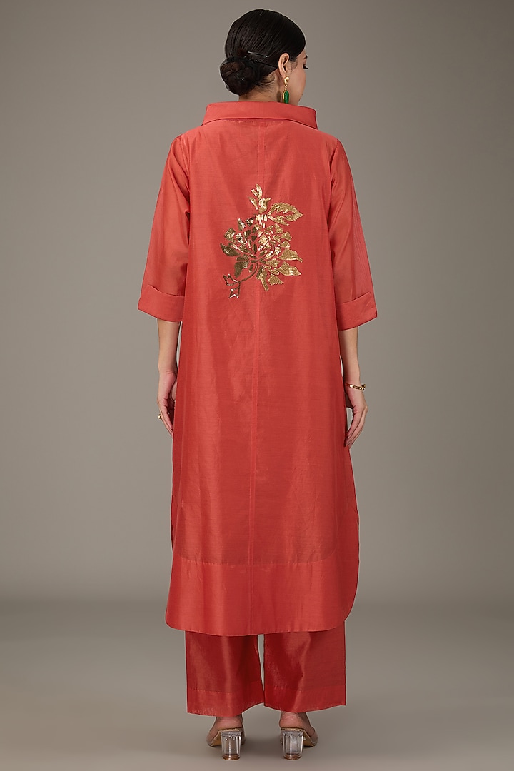 Burnt Orange Chanderi Sequins Hand Embroidered & Floral Printed Tunic Set by TAIKA by Poonam Bhagat at Pernia's Pop Up Shop