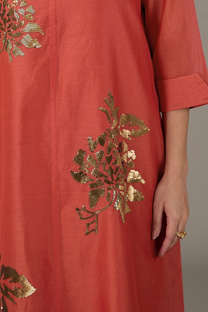Burnt Orange Chanderi Sequins Hand Embroidered & Floral Printed Tunic Set by TAIKA by Poonam Bhagat at Pernia's Pop Up Shop