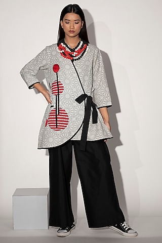 Ivory Cotton Linen Printed Wrap Jacket Set by Taika By Poonam Bhagat