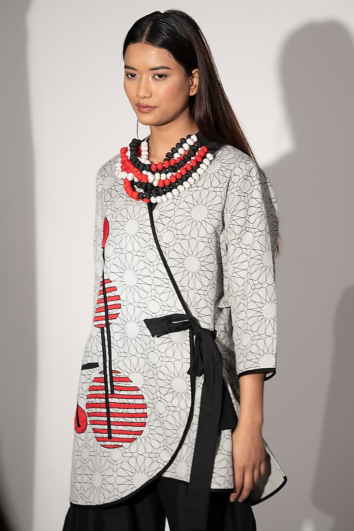 Ivory Cotton Linen Printed Wrap Jacket Set by Taika By Poonam Bhagat at Pernia's Pop Up Shop