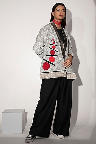 Ivory Cotton Linen Printed Jacket Set by Taika By Poonam Bhagat