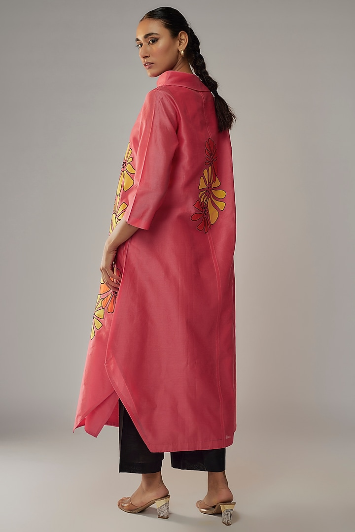 Pink Chanderi Applique Floral Tunic Set by Taika By Poonam Bhagat at Pernia's Pop Up Shop