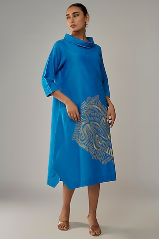 Turquoise Cotton Silk Thread Embroidered Dress by Taika By Poonam Bhagat