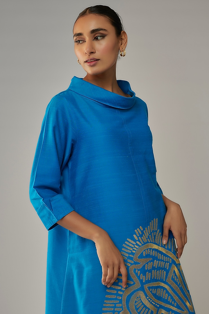 Turquoise Cotton Silk Thread Embroidered Vacation Dress by Taika By Poonam Bhagat at Pernia's Pop Up Shop