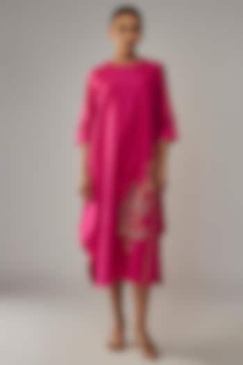 Hot Pink Chanderi Embroidered Dress by Taika By Poonam Bhagat