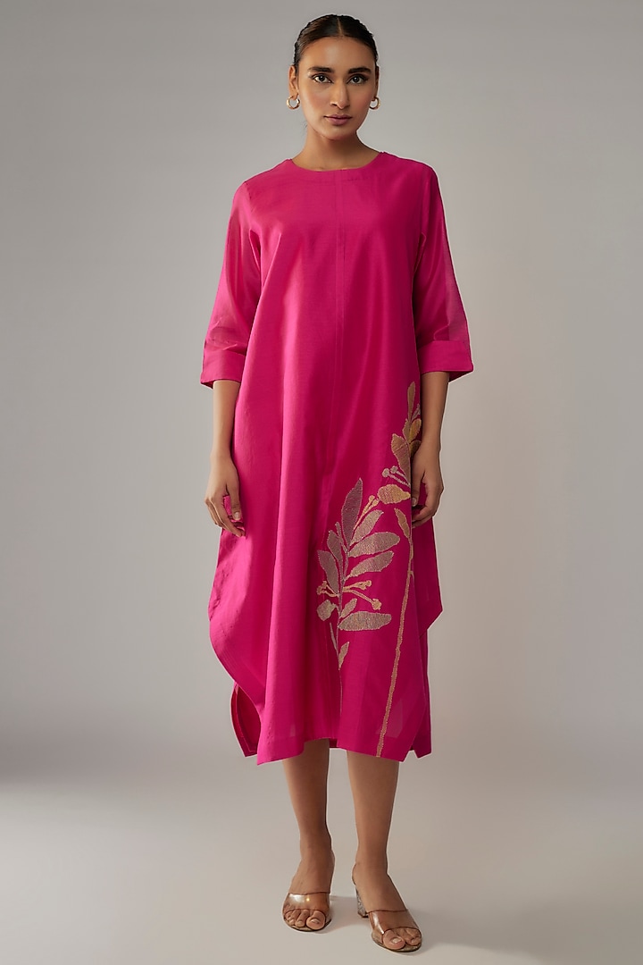 Hot Pink Chanderi Embroidered Dress by Taika By Poonam Bhagat