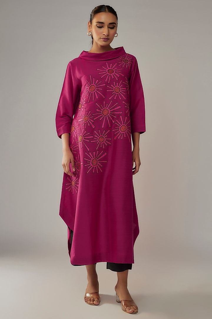 Bougainvillea Cotton Silk Applique Floral Tunic Set by Taika By Poonam Bhagat