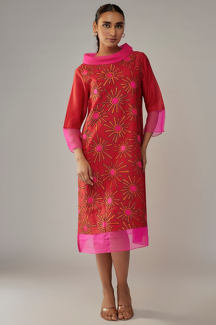 Brick Chanderi Applique Floral Dress by Taika By Poonam Bhagat