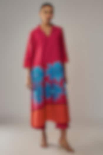 Hot Pink Cotton Silk Applique Floral Tunic Set by Taika By Poonam Bhagat