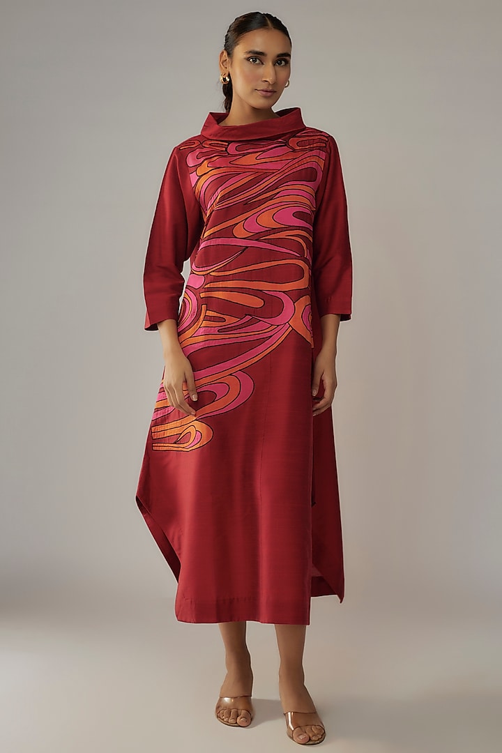 Burgundy Cotton Silk Abstract Applique Dress by Taika By Poonam Bhagat