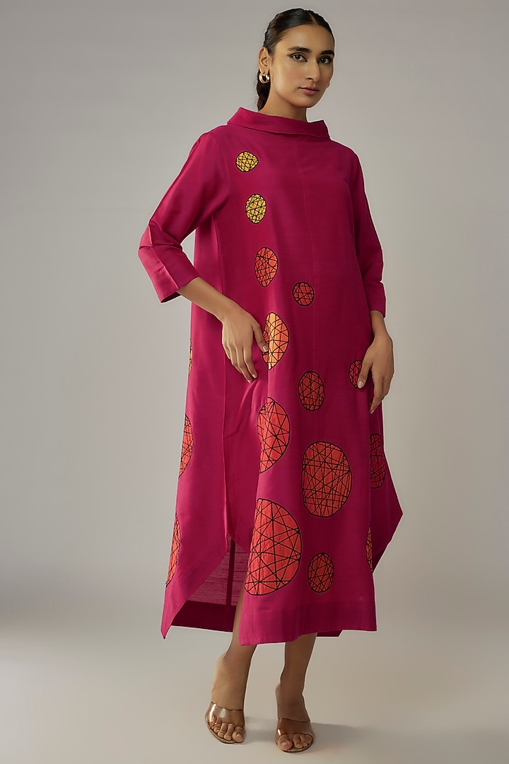 Bougainvillea Cotton SIlk Applique Polka Dress by Taika By Poonam Bhagat