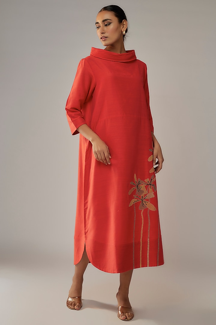 Orange Cotton Silk Petals Embroidered Dress by Taika By Poonam Bhagat