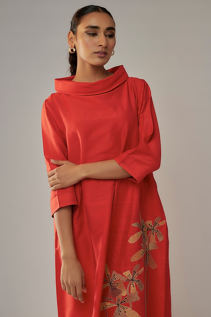 Orange Cotton Silk Petals Embroidered Vacation Dress by Taika By Poonam Bhagat at Pernia's Pop Up Shop