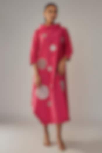 Hot Pink Cotton Silk Polka Embroidered Dress by Taika By Poonam Bhagat