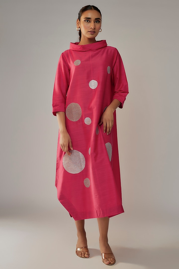 Hot Pink Cotton Silk Polka Embroidered Dress by Taika By Poonam Bhagat