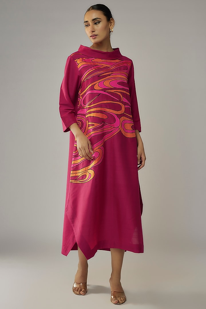 Bougainvillea Cotton Silk Abstract Applique Dress by Taika By Poonam Bhagat
